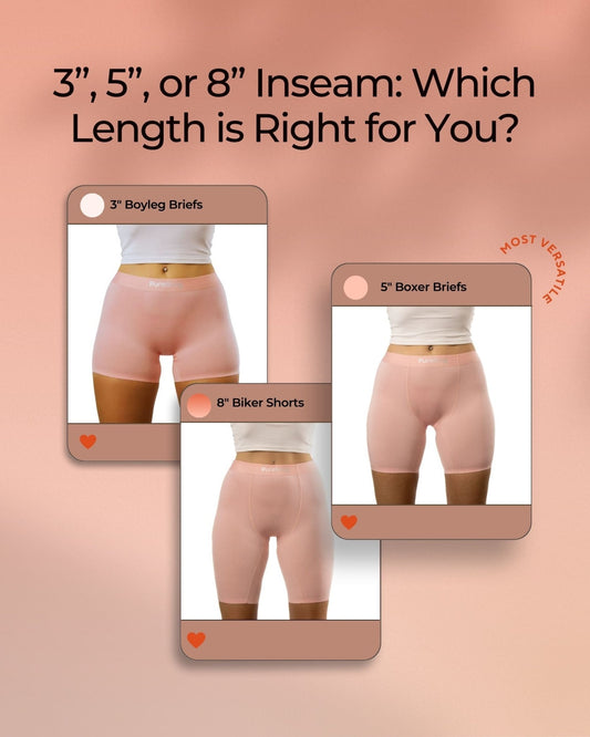 three images to show three different length of  PureSnug's women's boxer Briefs