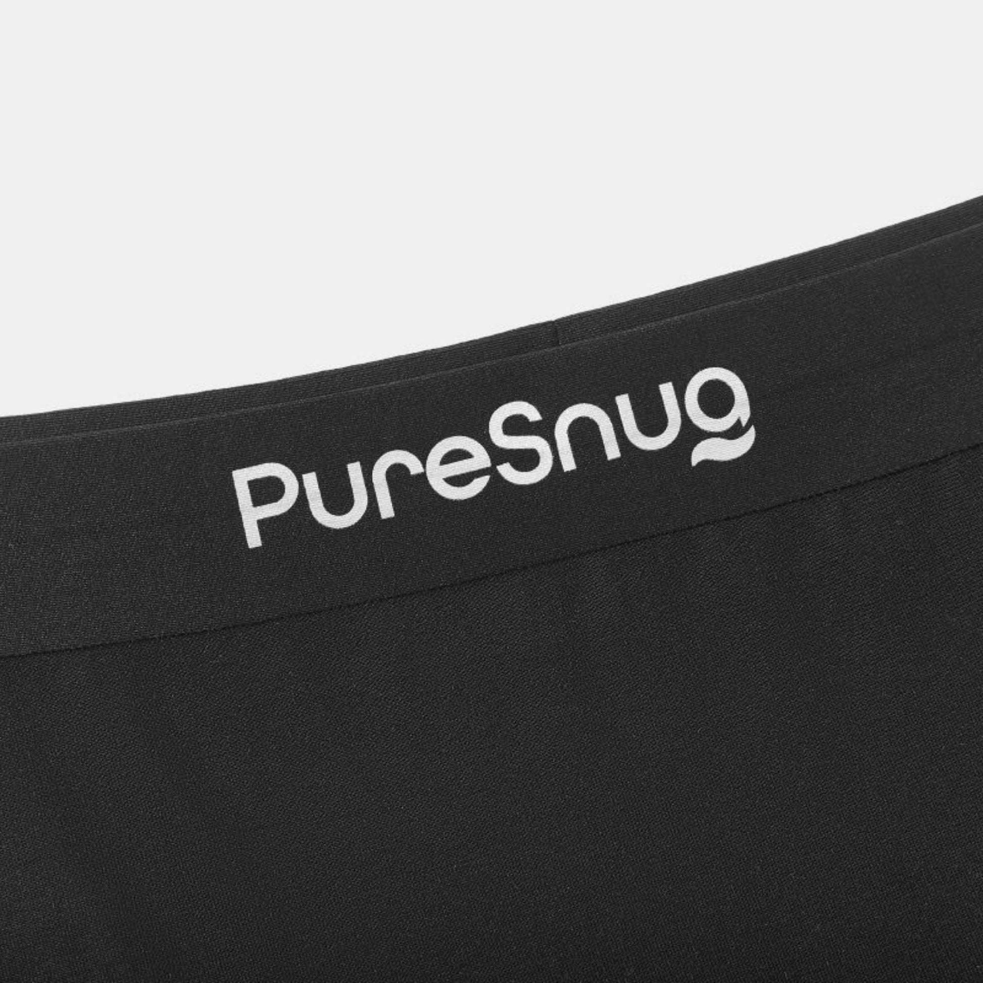 Black garment with 'PureSnug' logo on a light gray background
