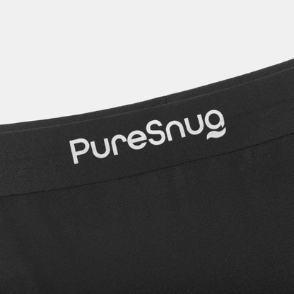 Black garment with 'PureSnug' logo on a light gray background
