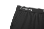 Close-up of black Puresnug lounge short showcasing the elastic waistband with white logo and side pockets. 