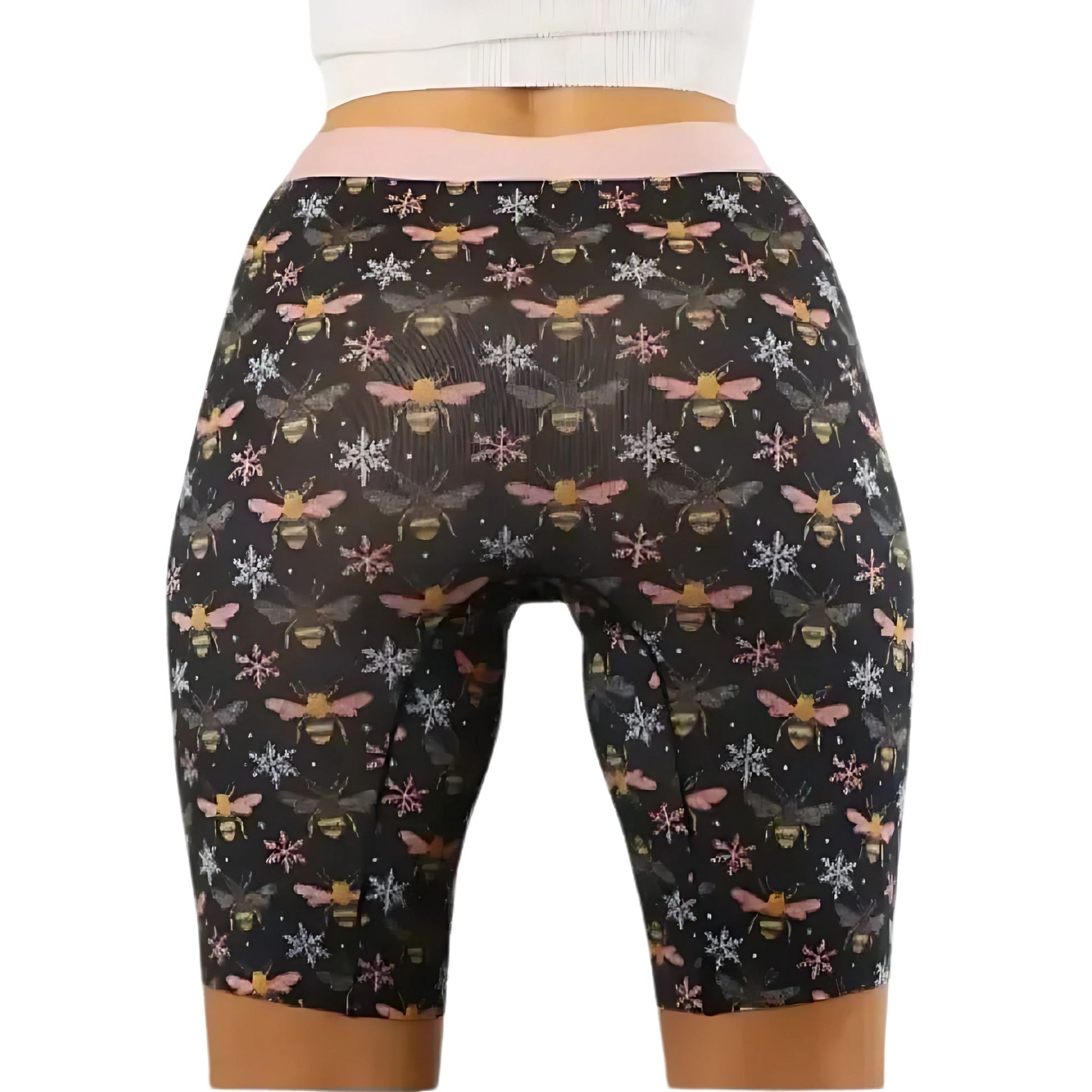 Back image of Bees 8" Biker Shorts with bee and snowflakes pattern on a white background