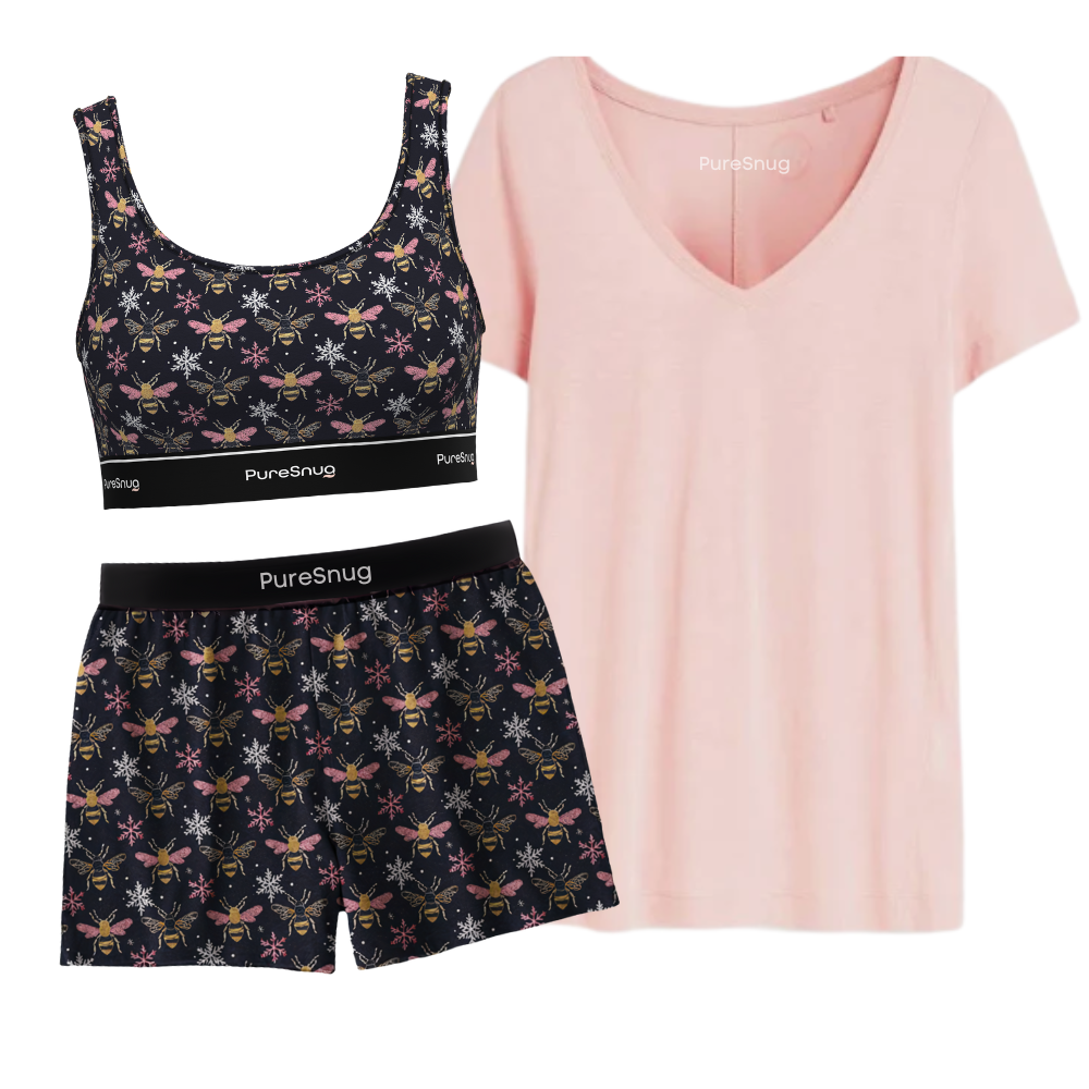 PureSnug bee print crop and shorts with pink tee. cute, playful and made for ultimate lounge comfort