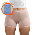 Beige boyleg briefs underwear with a floating Gusset feature, labeled 'PureSnug', on a white background.