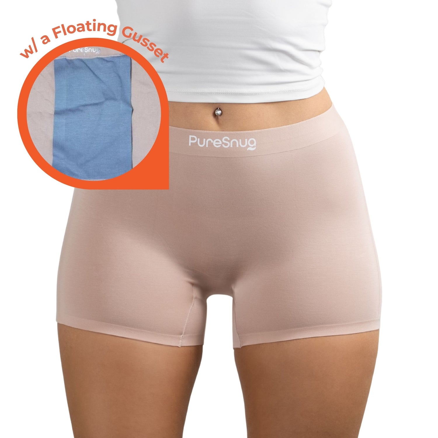 Beige boyleg briefs underwear with a floating Gusset feature, labeled 'PureSnug', on a white background.