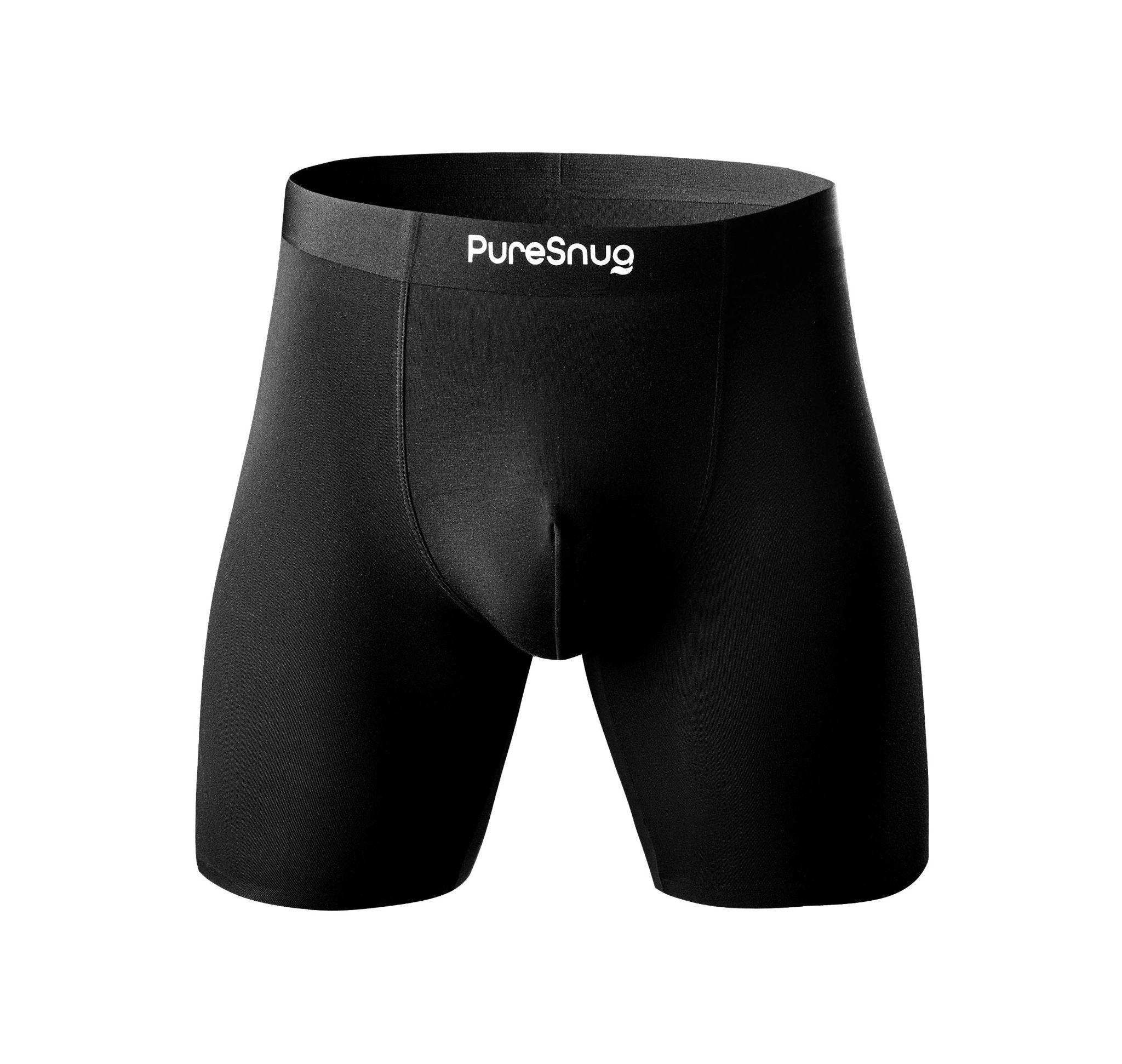 PureSnug men's boxer briefs in black with a snug fit and mid-thigh length, displayed on a white background, size S- 4XL