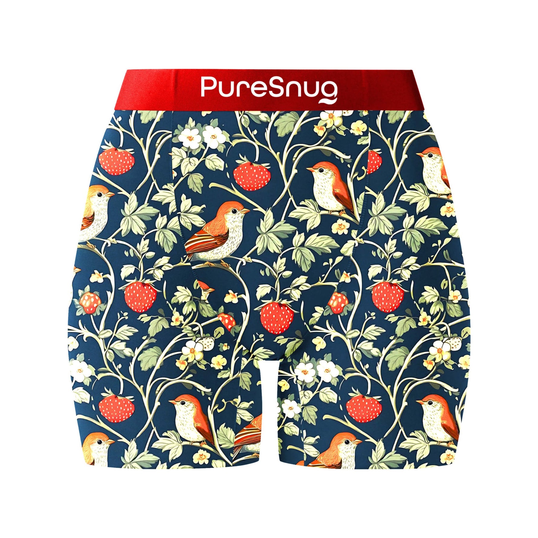 women's boxer briefs with bird and strawberry pattern on a navy blue background, and berry red waistband,  featuring the brand 'PureSnug'.
