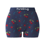 Puresnug underwear, boyleg in 3 inches inseam, boxer briefs, booty short. underwear in cherry print. in navy blue background.