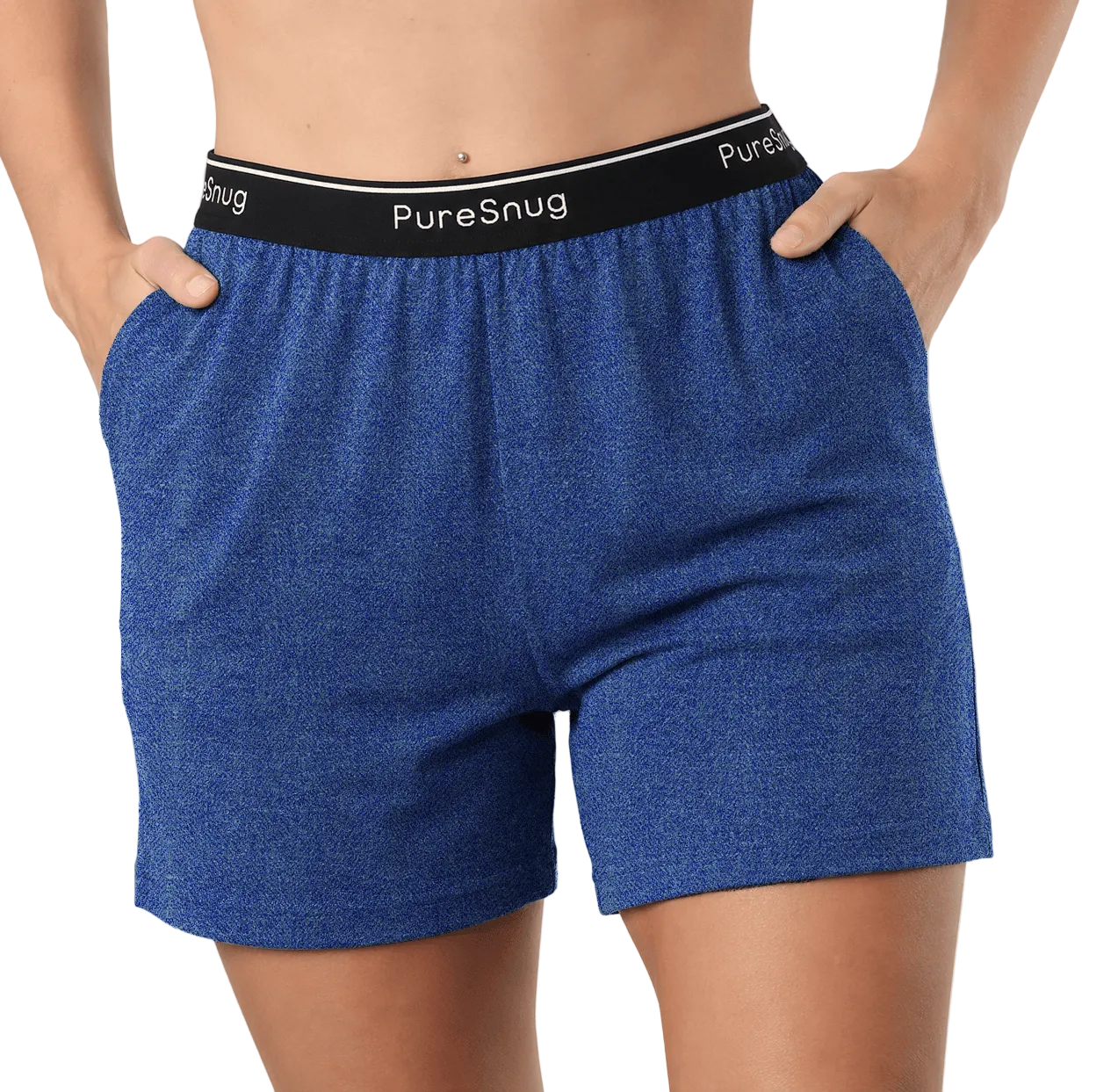 A close-up of a person wearing denim colour lounge shorts with a black elastic waistband printed with the brand name 'PureSnug' in white. The model's hands are in the pockets, and the background is white.