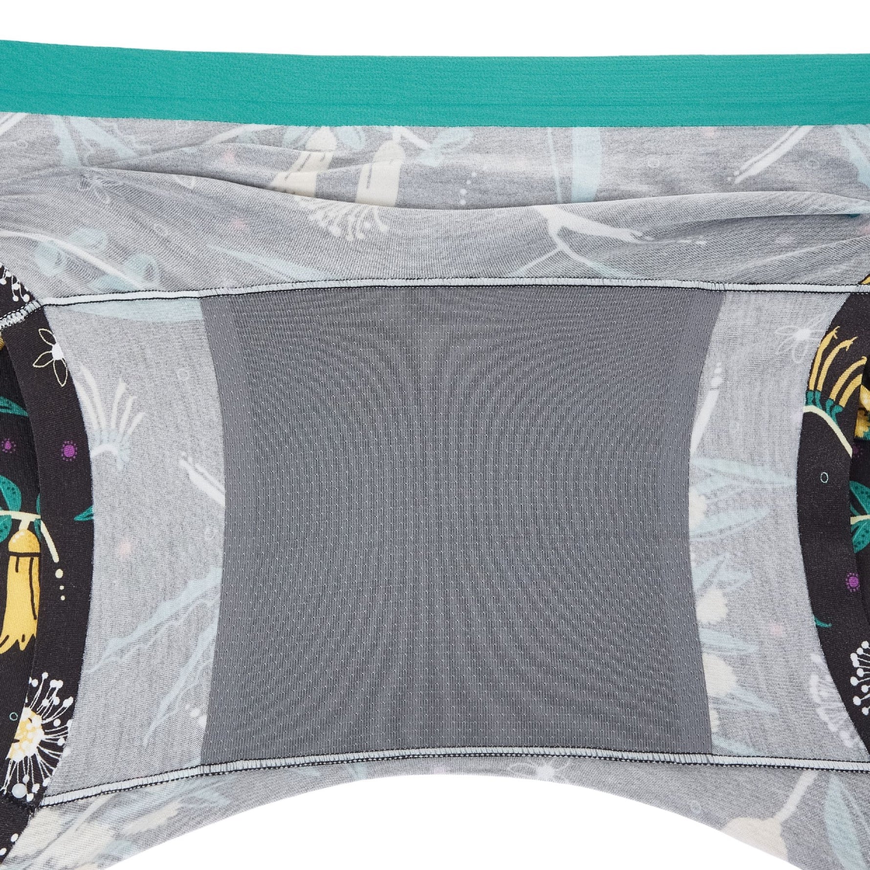 Close-up of PureSnug boxer showing the breathable gray gusset designed for added comfort and moisture control.