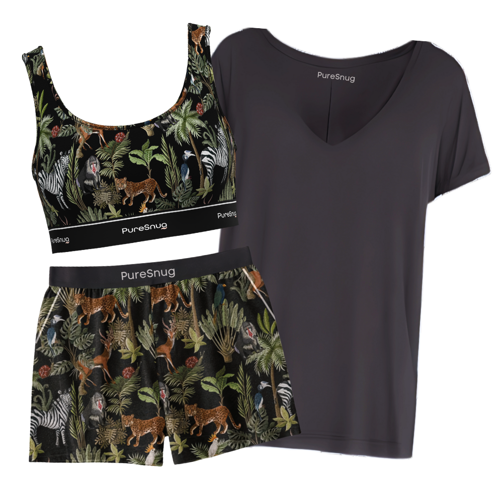 PureSnug jungle print crop and shorts with black tee. super comfy, soft and perfect for chill days
