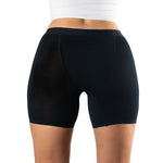 A woman's back view wearing tight black leak proof undies, showcasing a sleek and fitted design, paired with a white top.