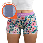 Floral-patterned underwear with 'PureSnug' branding and a floating Gusset feature.