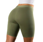 Olive Green biker  shorts worn by a person on a white background Pure Snug