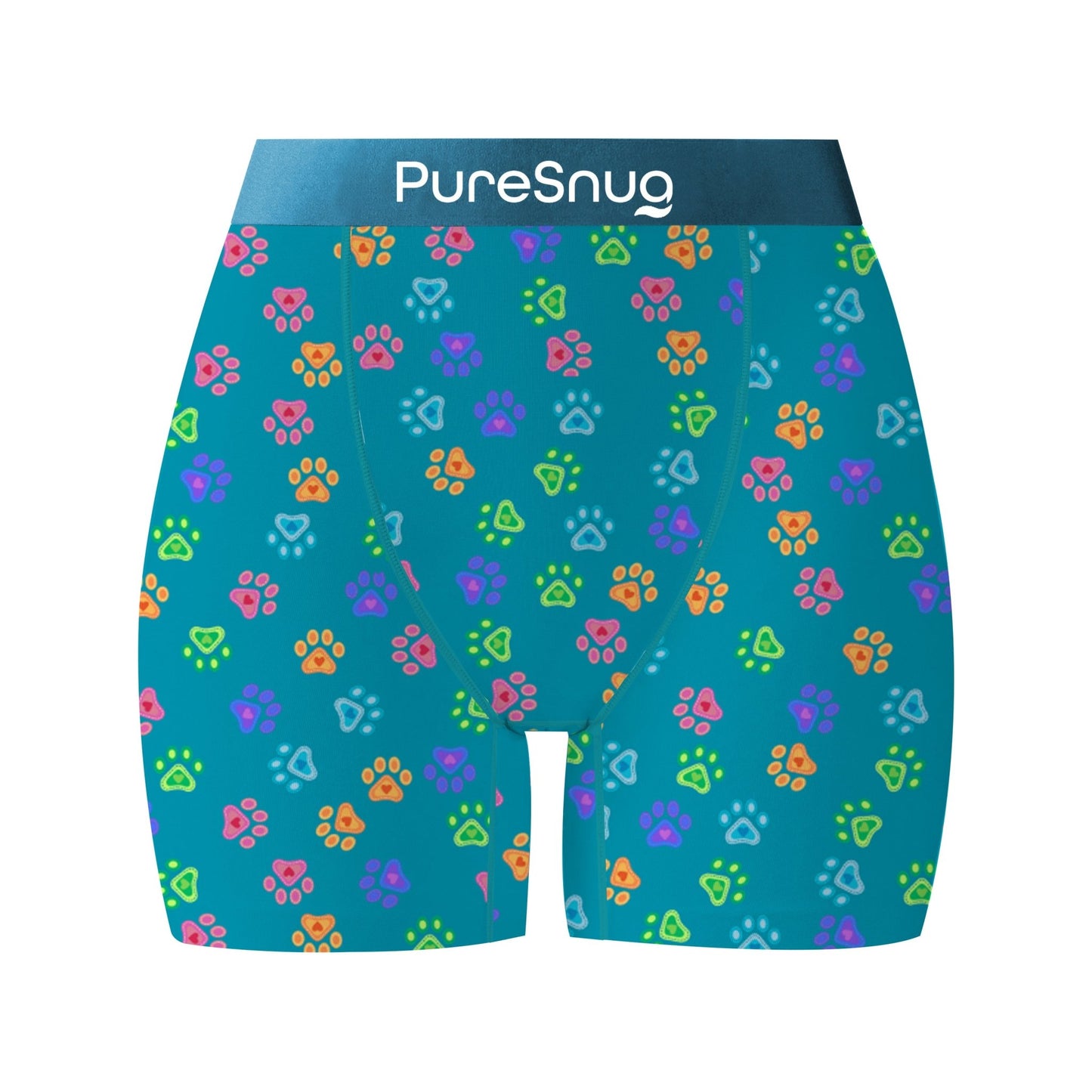 Bright blue fabric with colorful paw print patterns in yellow, pink, green, and blue, and the brand name "PureSnug"