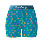 Bright blue fabric with colorful paw print patterns in yellow, pink, green, and blue, and the brand name "PureSnug"