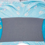 PureSnug bright blue fabric with pastel paw prints and heart shapes, featuring a wide, textured gray gusset for contrast