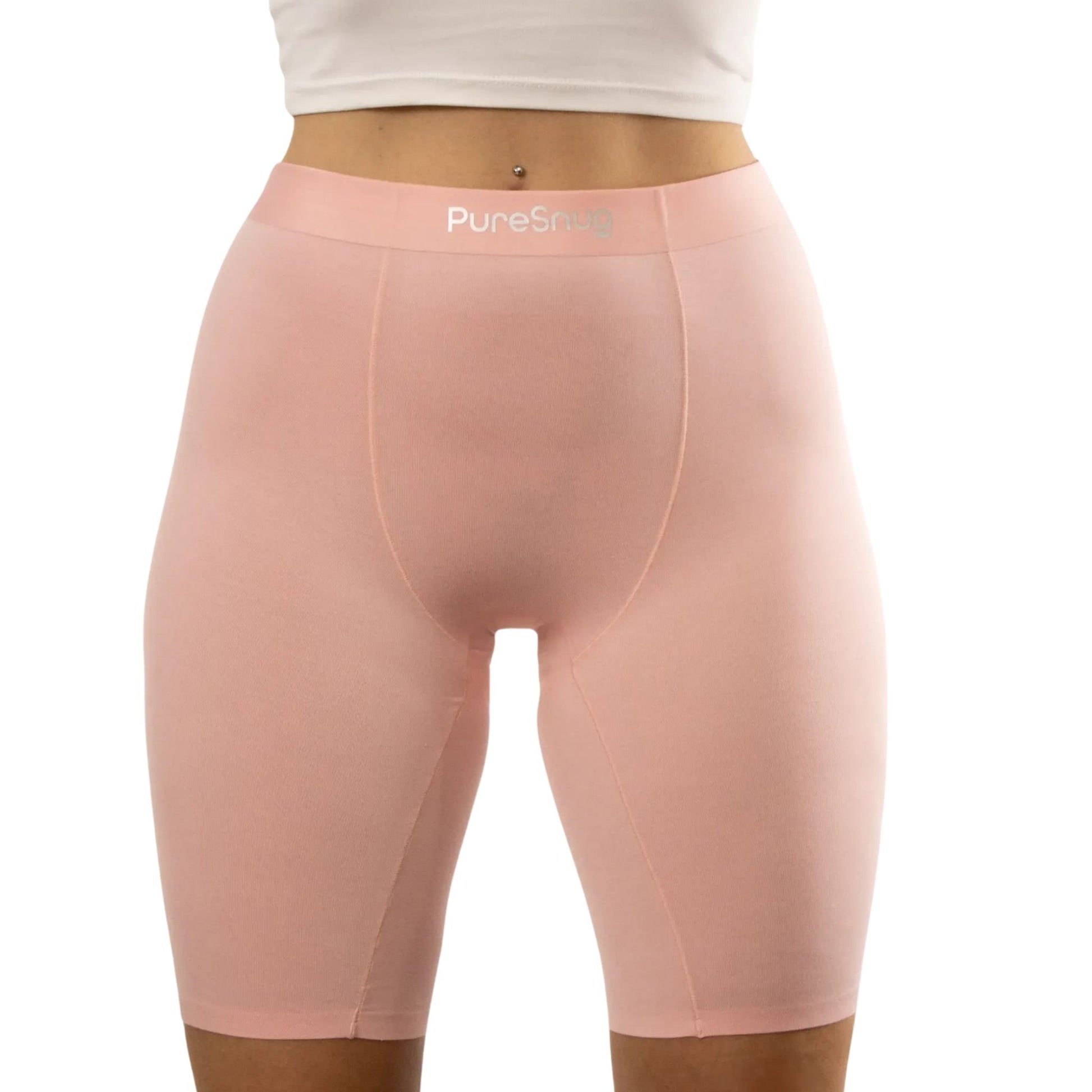 puresnug 8" inseam biker short in soft pink color,more coverage and support, no ride up, no wedgies, no chafing design, AU
