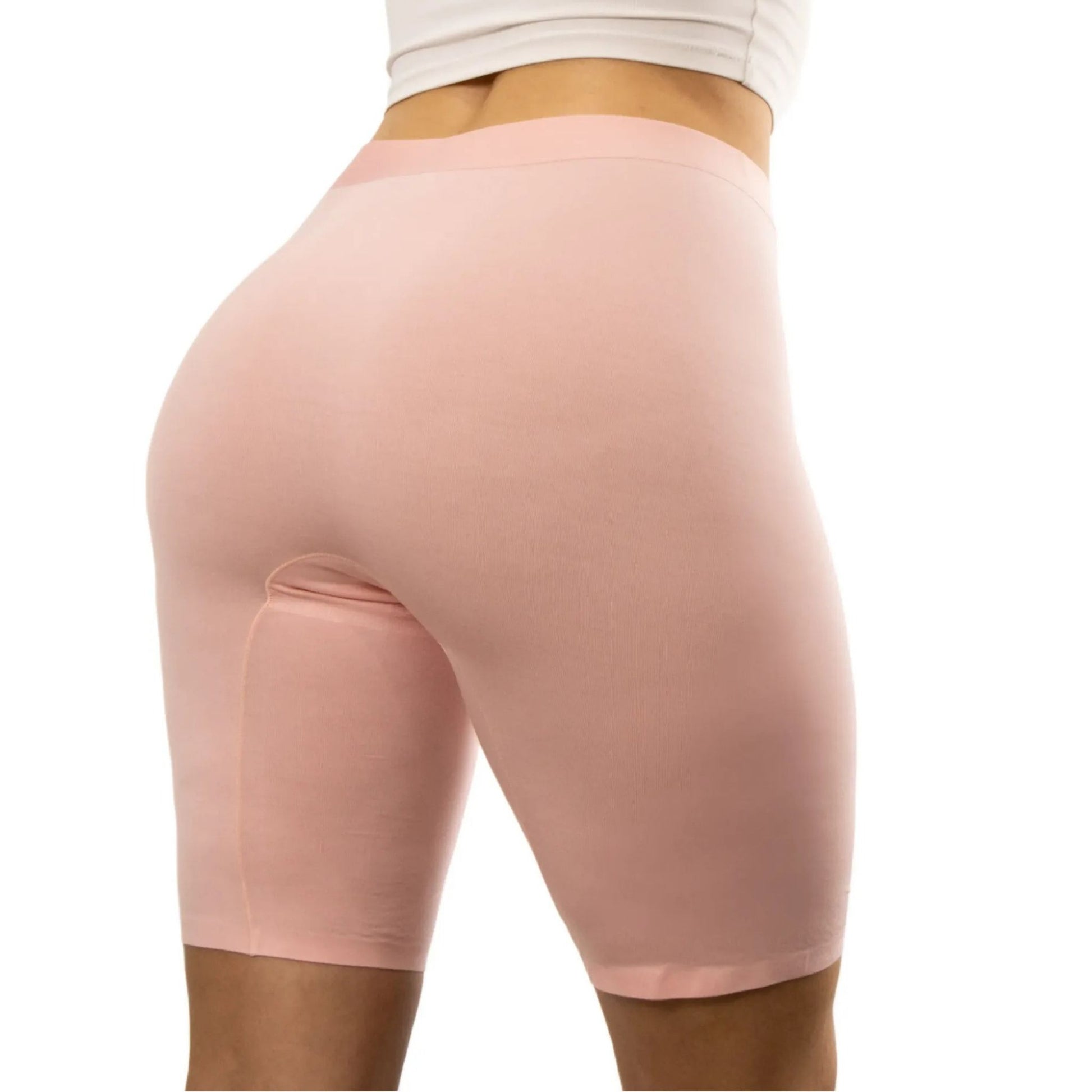 puresnug 8" inseam biker short side view in soft pink color,more coverage and support, no ride up, no wedgies, no chafing design, AU