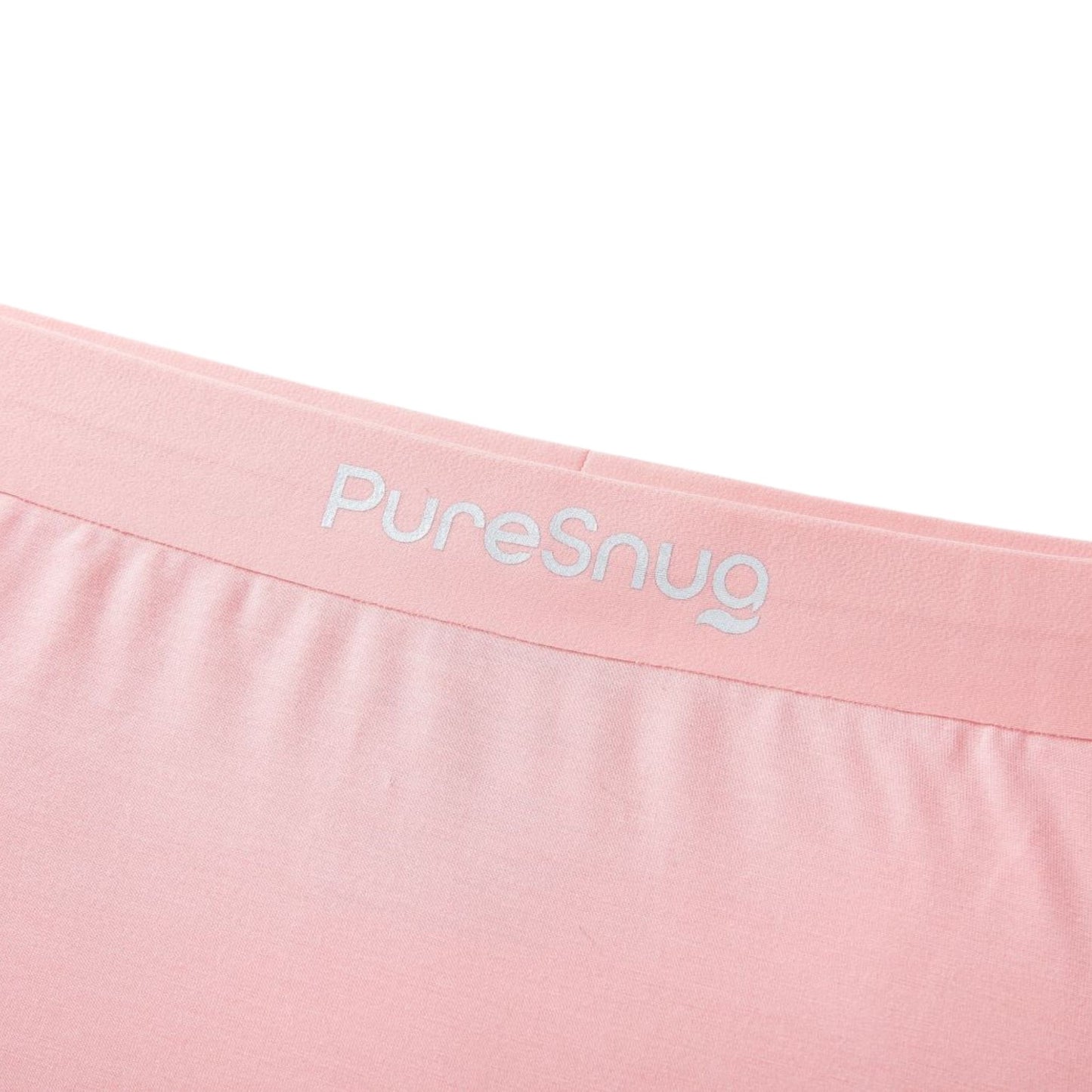 Close-up of a pink waistband with 'PureSnug' branding on a white background