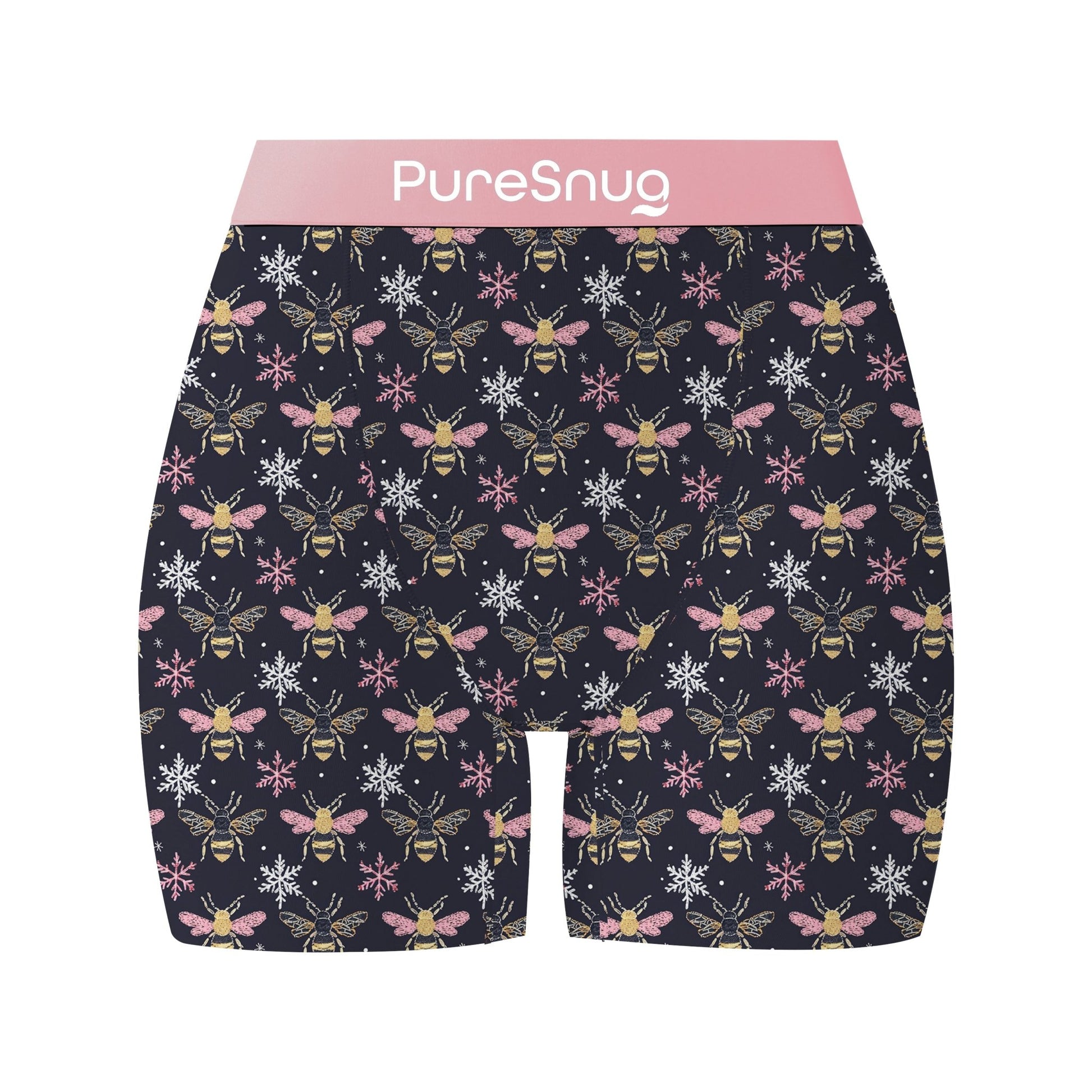 Black shorts with a repeated bee and snowflake pattern in pink waistband and white logo "PureSnug".