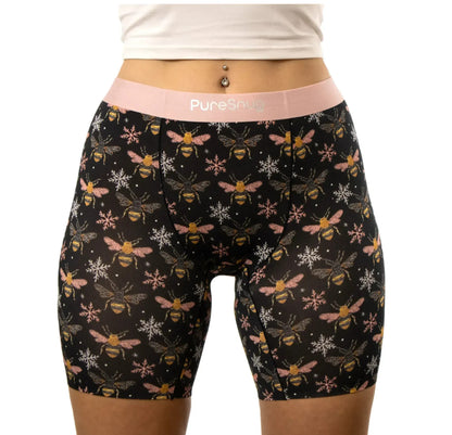 PureSnug ladies' bees-print boxer briefs with pink waistband. Smooth, comfy, no chafing, no ride-up, no panty line.