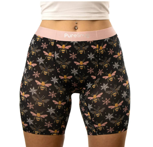 PureSnug ladies' bees-print boxer briefs with pink waistband. Smooth, comfy, no chafing, no ride-up, no panty line.