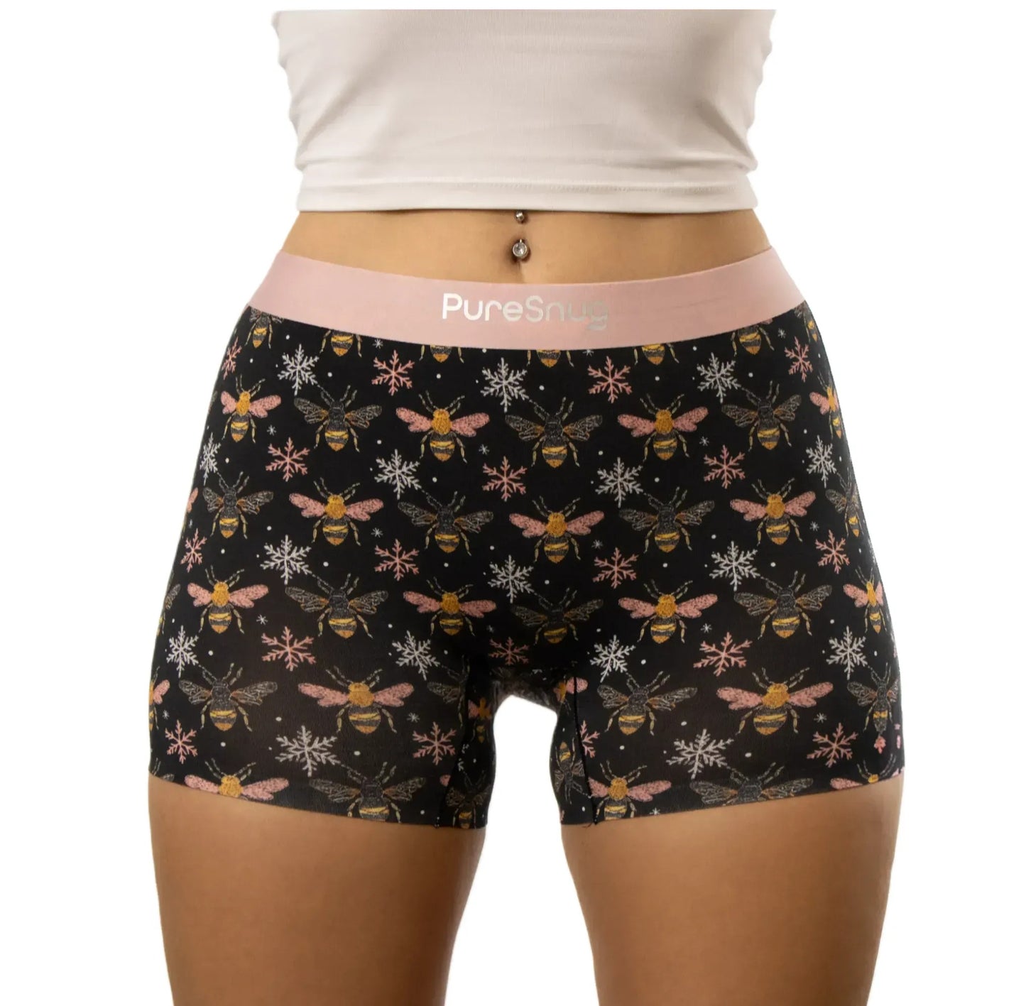puresnug boyleg in bee print,with soft pink waistband, smooth, comfy, no wedgies, no chafing, no ride ups, no panty line.