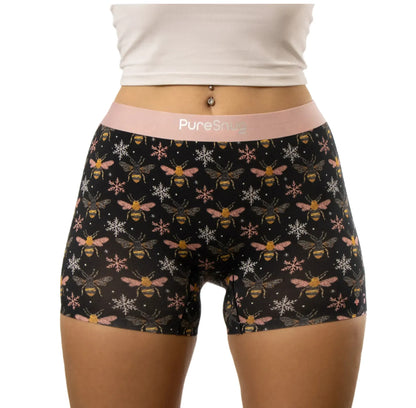 puresnug boyleg in bee print,with soft pink waistband, smooth, comfy, no wedgies, no chafing, no ride ups, no panty line.