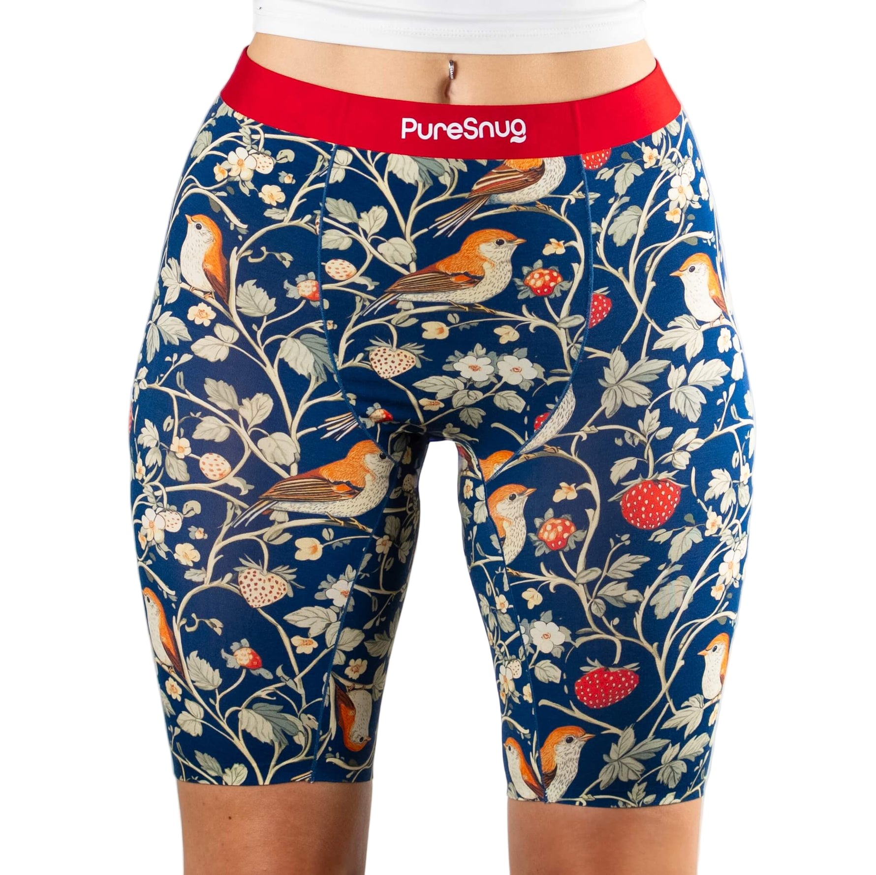 biker briefs with bird and berry pattern in navy background, and red waistband with 'puresnug' logo