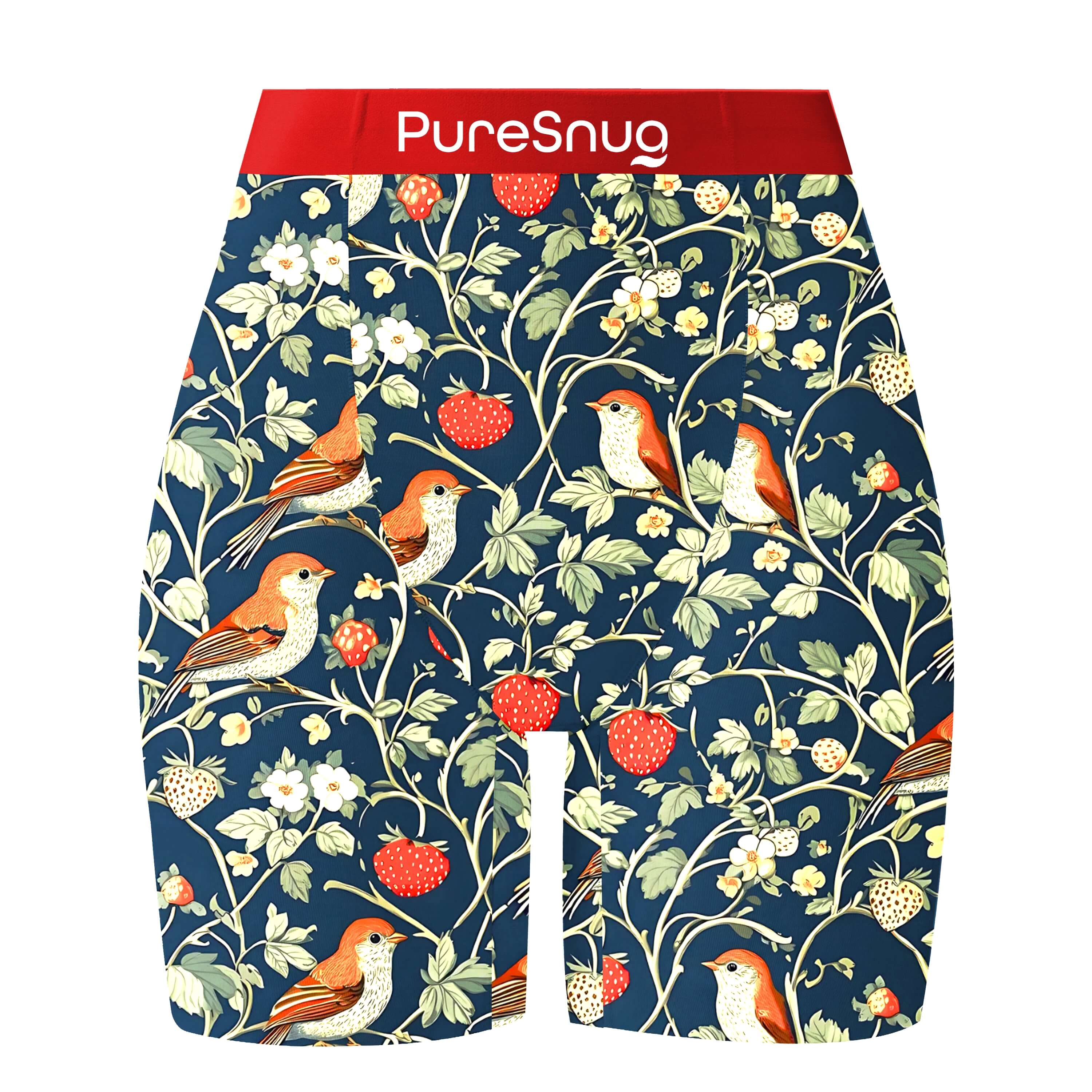 Women's biker  briefs with bird and strawberry pattern on a navy blue background, and berry red waistband,  featuring the brand 'PureSnug'.