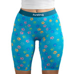 New high-waisted Pawfect Biker short in paw and heart prints, labeled "PureSnug."  conveying a playful and trendy tone.