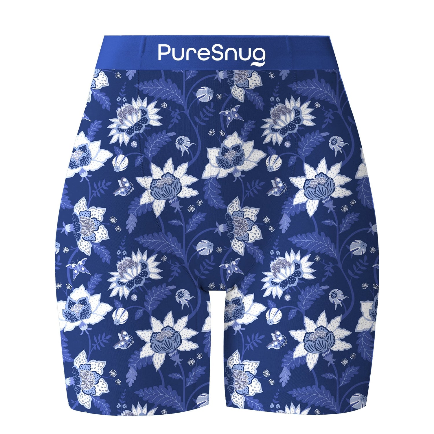 Blue floral patterned boxers with 'PureSnug' branding on a white background