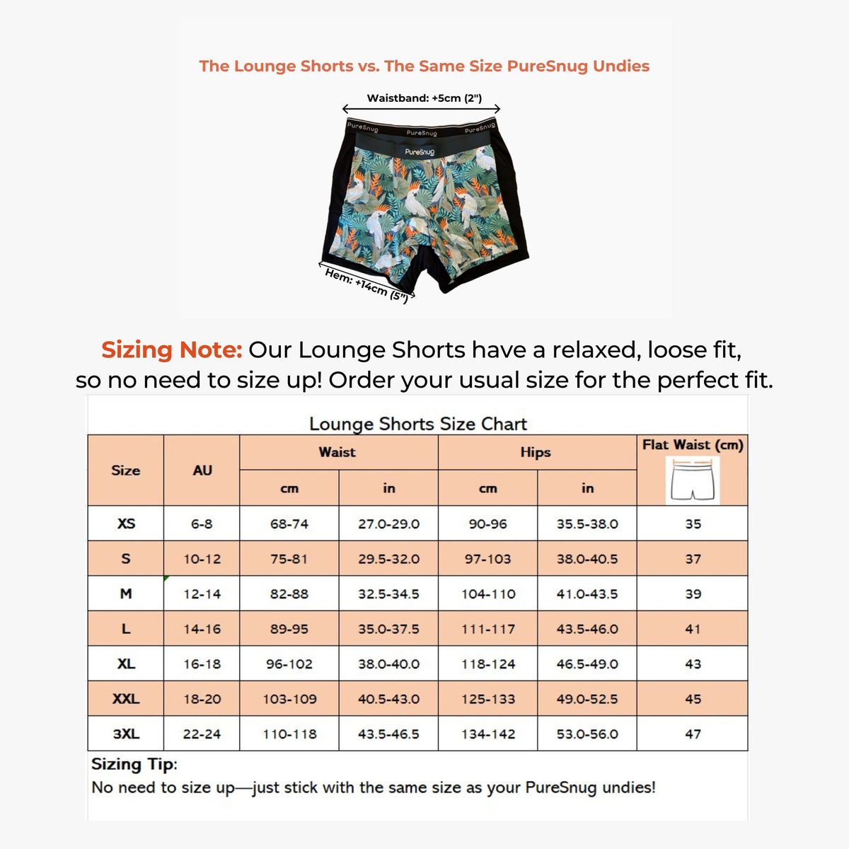 PureSnug Lounge Shorts size chart, aligned with undie sizes, designed with a relaxed, loose fit for all-day comfort.
