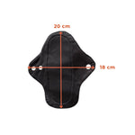 PureSnug's cloth panty liner in black with snap buttons on wings. Dimensions indicated are 20 cm in length and 18 cm in width. 